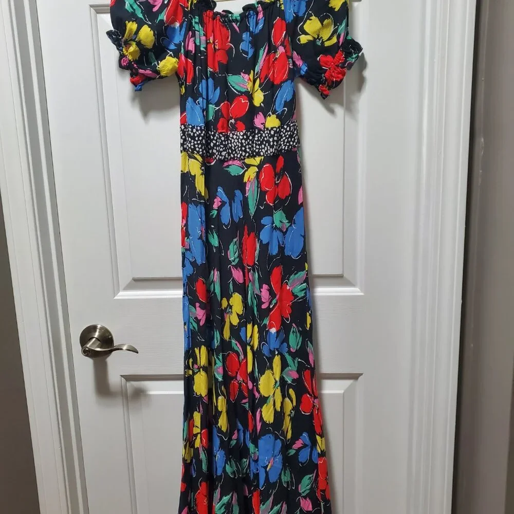 RIXO for Target Black Floral Off the Shoulder Puff Sleeve Maxi Dress | Size 2 - Picture 3 of 6